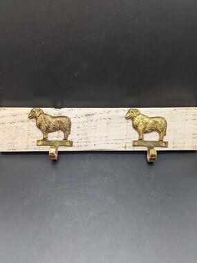 Hand Crafted Hat Key Coat Rack 2 Brass Sheep Ram Aries Hooks Wall Mount `16"